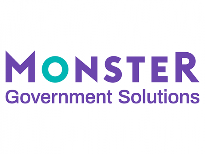Logo for Monster Government Solutions, Purple text on a white background
