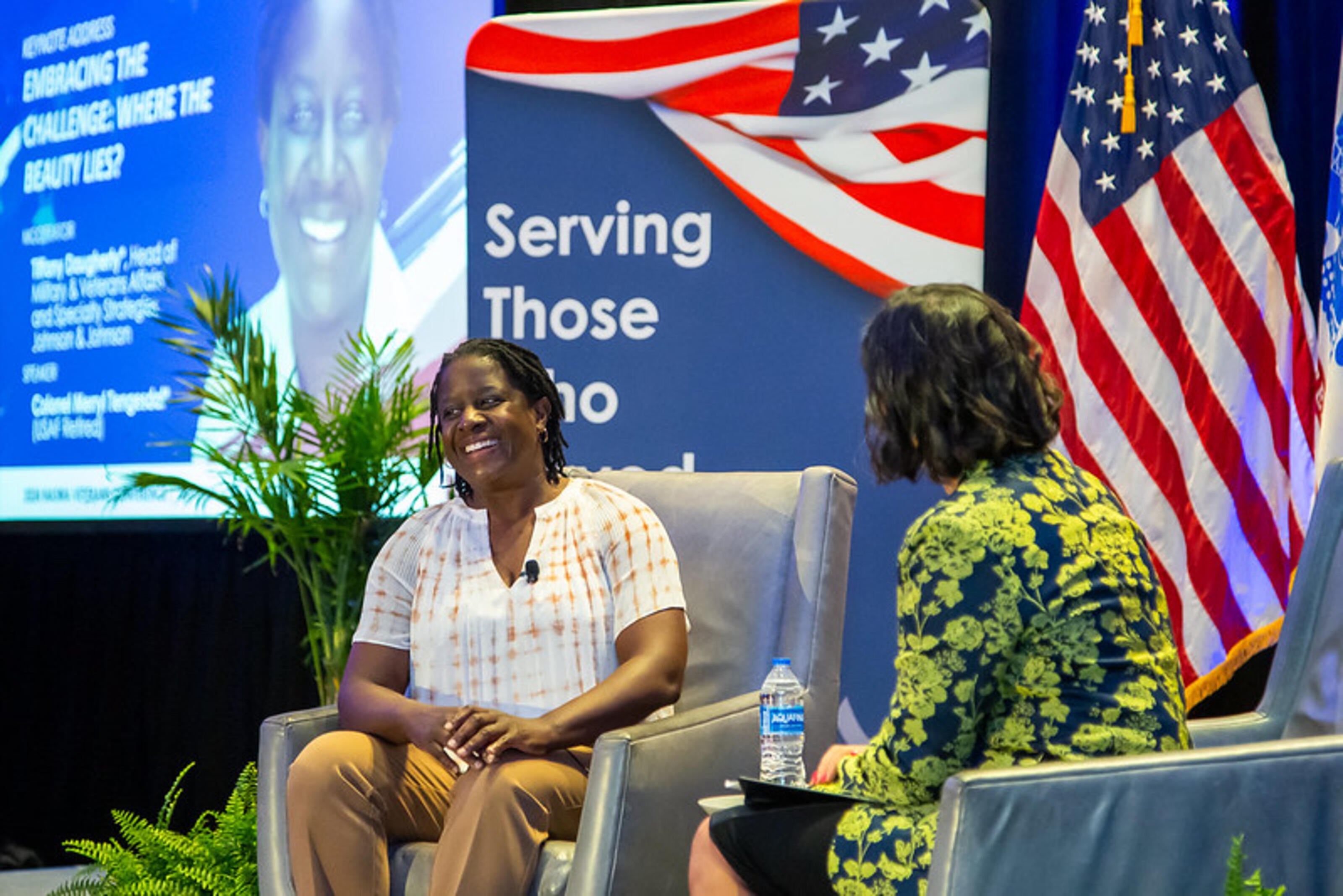 Retired Air Force Colonel Merryl Tengesdal speaks in a fireside chat at NASWA's Veterans Conference